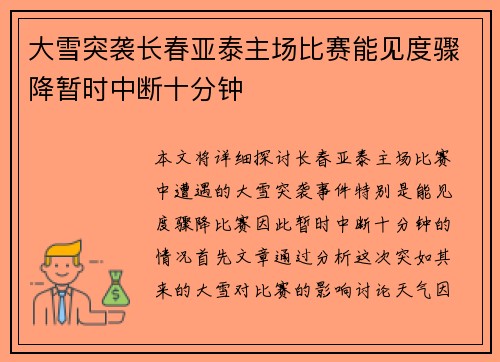大雪突袭长春亚泰主场比赛能见度骤降暂时中断十分钟 大雪突袭长春亚泰主场比赛能见度骤降暂时中断十分钟