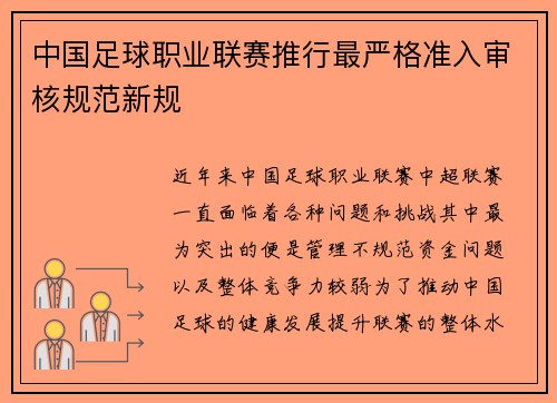 中国足球职业联赛推行最严格准入审核规范新规